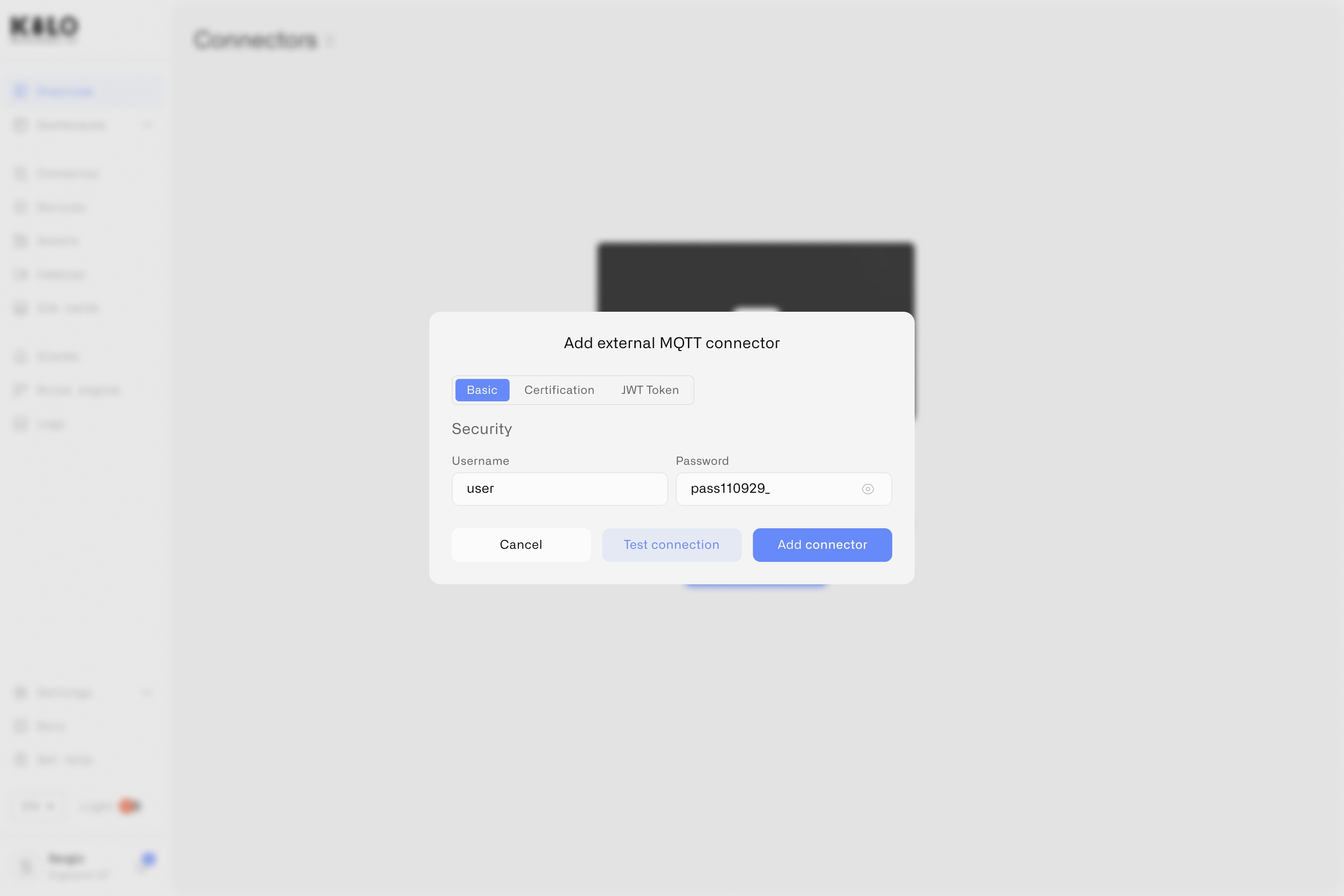 Модальное окно подключения внешнего MQTT-брокера в Kilo IoT