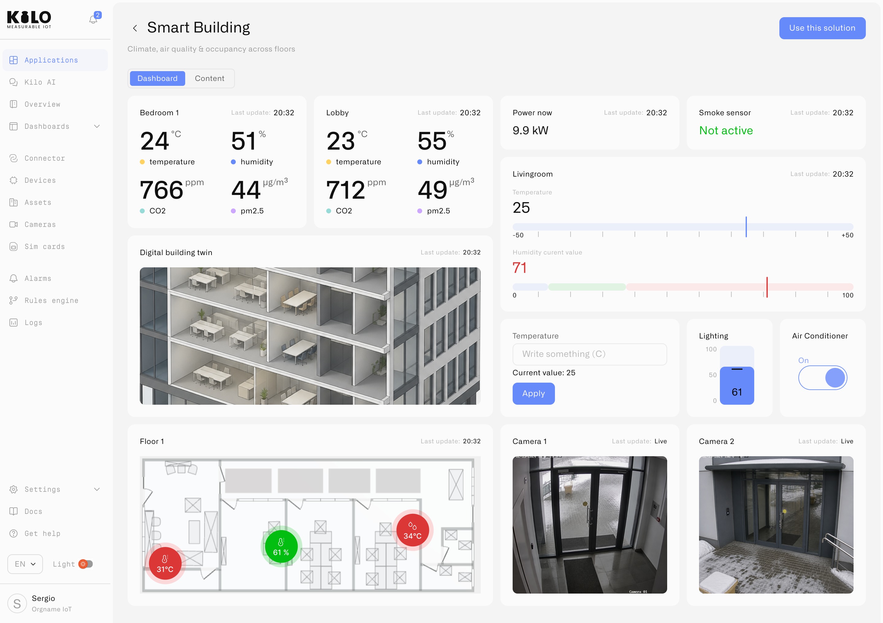 Дашборд Smart Building в Kilo IoT: климат, камеры, план этажа и управление